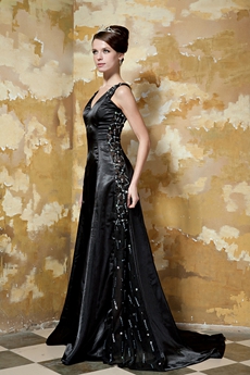 V-Neckline A-line Full Length Black Evening Dress With Beads 