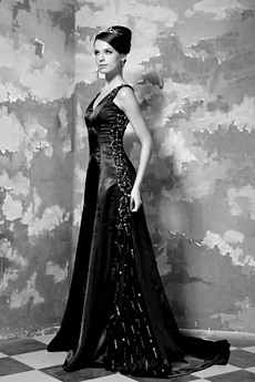 V-Neckline A-line Full Length Black Evening Dress With Beads 