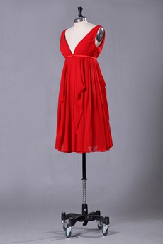 Plunge Neckline Empire Knee Length Red Maternity Prom Dress