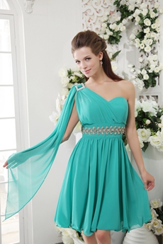One Shoulder Knee Length Teal Chiffon Homecoming Dress 