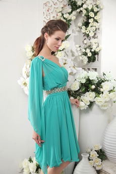 One Shoulder Knee Length Teal Chiffon Homecoming Dress 