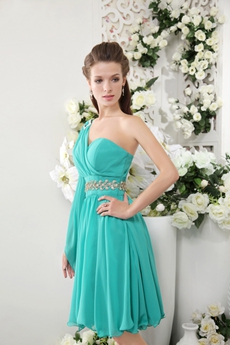 One Shoulder Knee Length Teal Chiffon Homecoming Dress 