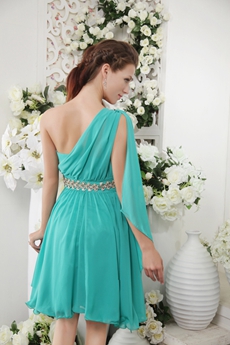 One Shoulder Knee Length Teal Chiffon Homecoming Dress 