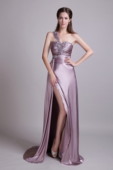 Sexy One Shoulder A-line Lilac Evening Dress High Slit 