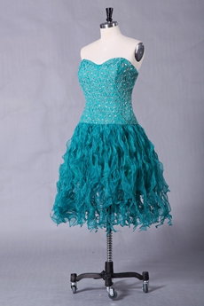 Dipped Neckline Teal Organza Knee Length Sweet Sixteen Dress 