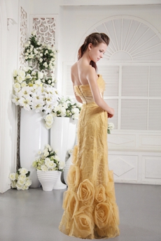 Strapless Column Full Length Gold Floral Prom Dress 
