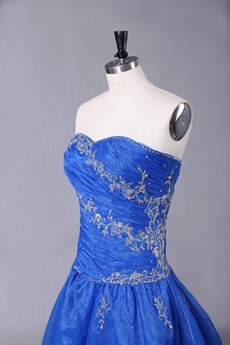 Embroidery Puffy Floor Length Royal Blue Organza Quinceanera Dress 