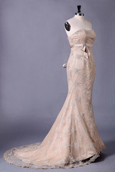 Corset Back Champagne Lace Mermaid Wedding Dress 