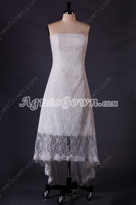 Strapless Column High Low Hem Lace Boho Wedding Dress 