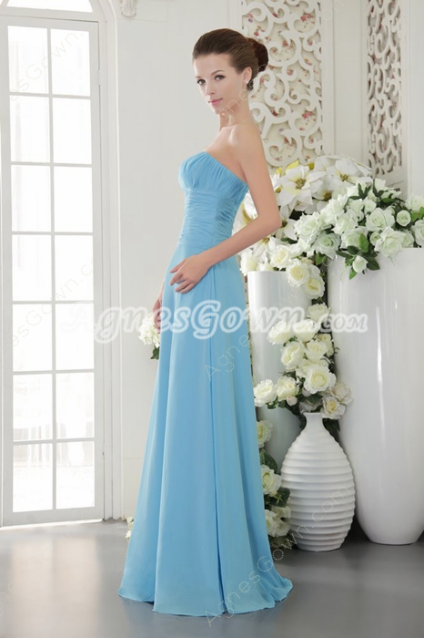 Simple Column Full Length Sky Blue Bridesmaid Dress 