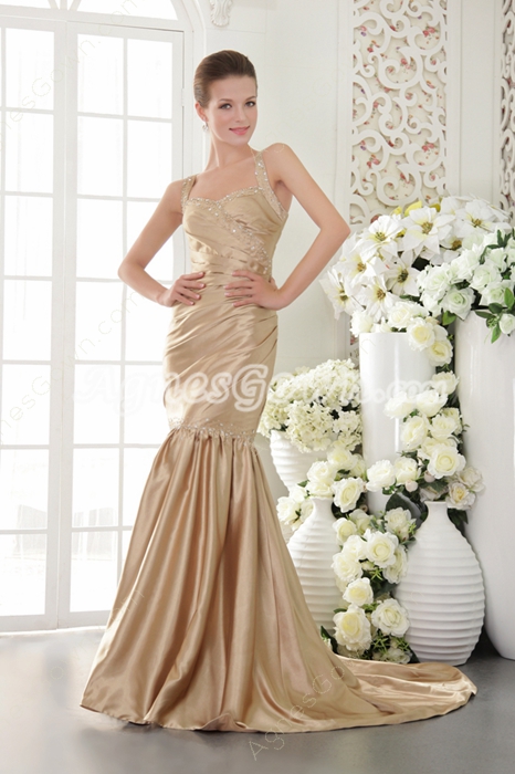 Stunning Straps Full Length Trumpet/Mermaid Champagne Prom Dress 