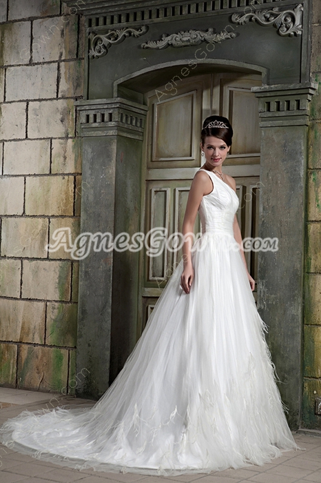 Stunning One Shoulder White Tulle Princess Wedding Dress Woth Feather   