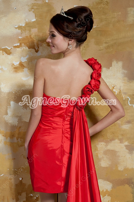 Modern Sheath Mini Length One Shoulder Red Cocktail Dress With Ribbon 