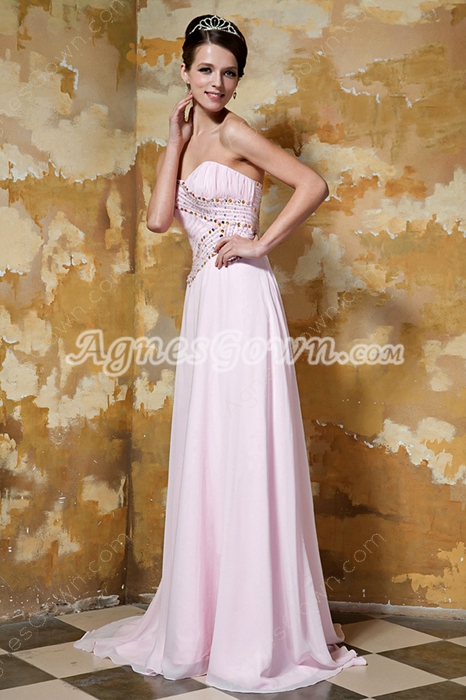 Column Floor Length Pearl Pink Chiffon Prom Dress With Beaded Bodice 