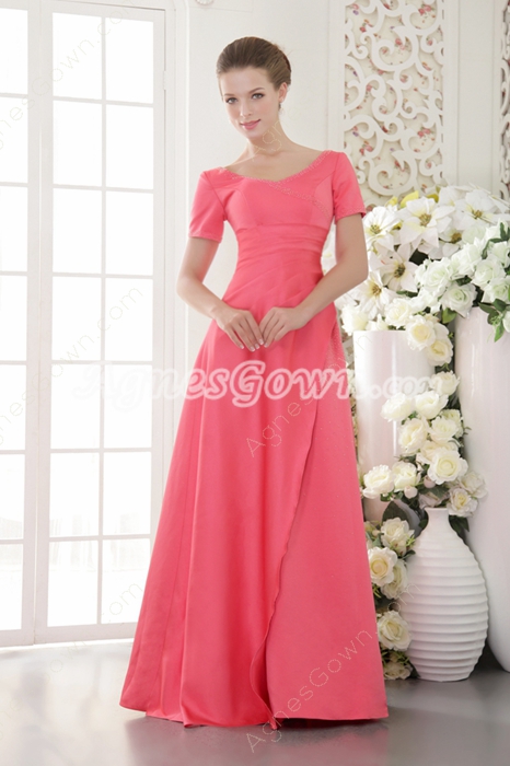 Short Sleeves A-line Watermelon Satin Prom Dress 