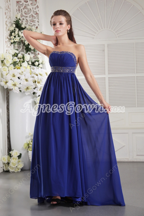 Open Back Column Full Length Royal Blue Chiffon Prom Dress 