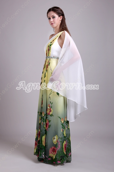 One Shoulder Column Full Length Printed Chiffon Prom Dress 