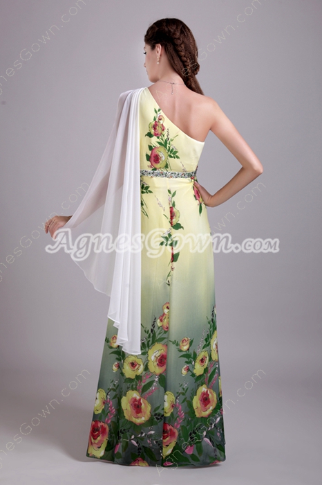 One Shoulder Column Full Length Printed Chiffon Prom Dress 
