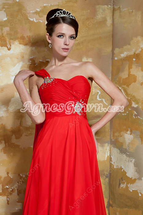 Delicate Single Straps Column Full Length Red Chiffon Prom Dress With Ribbon