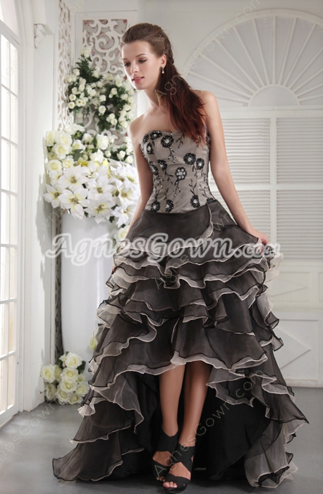 Silver And Black Organza High Low Hem Embroidery Quinceanera Gown