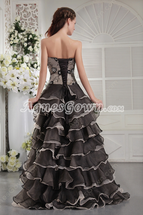 Silver And Black Organza High Low Hem Embroidery Quinceanera Gown