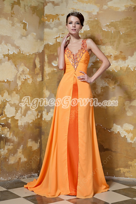 Plunge Neckline Orange Chiffon Formal Evening Dress With Shawl 