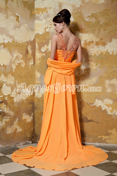 Plunge Neckline Orange Chiffon Formal Evening Dress With Shawl 