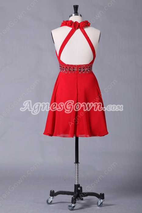 Mini Length Halter Red Chiffon Graduation Dress Open Back