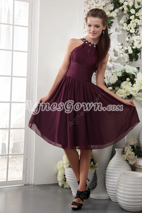 Jewel Neckline A-line Knee Length Grape Chiffon Junior Bridesmaid Gown