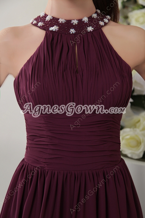 Jewel Neckline A-line Knee Length Grape Chiffon Junior Bridesmaid Gown
