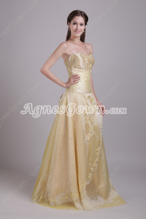 Shallow Sweetheart Yellow Embroidery Prom Dress Corset Back 