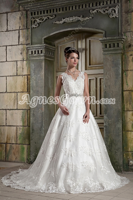 Grecian V-Neckline Princess Lace Wedding Dress V-Back 
