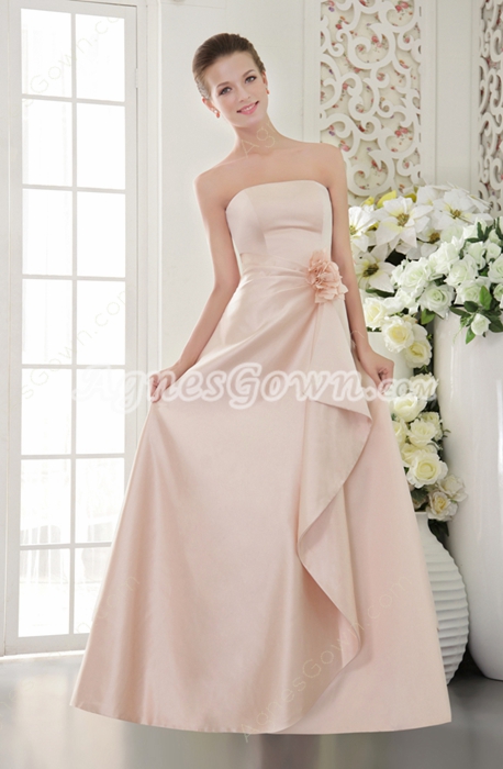 Simple Strapless Puffy Full Length Satin Prom Dress 
