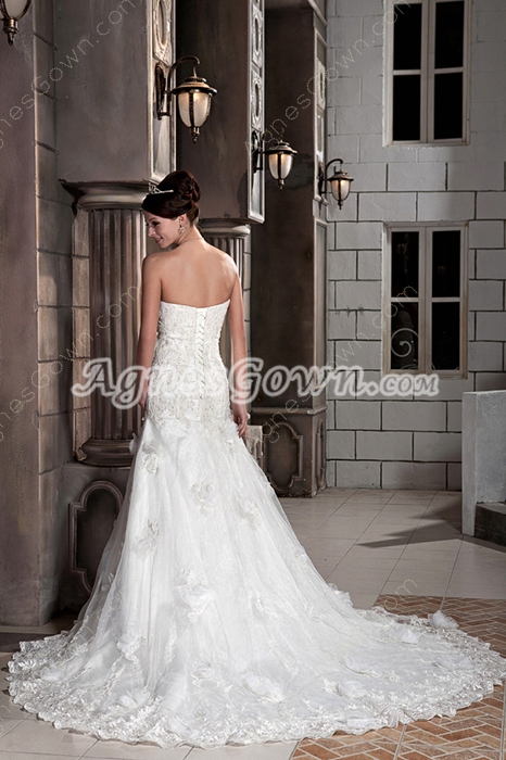 Breathtaking Strapless A-line Lace Wedding Dress With 3d Flowers 