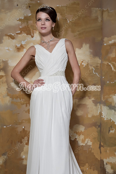 V-Neckline Sheath Floor Length Chiffon Beach Wedding Dress Corset Back 