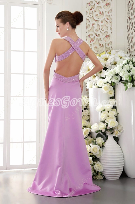 Crossed Straps Back Lilac Satin Evening Dress Cut Out 
