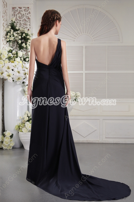 Elegance One Shoulder Column Full Length Navy Blue Prom Dress 