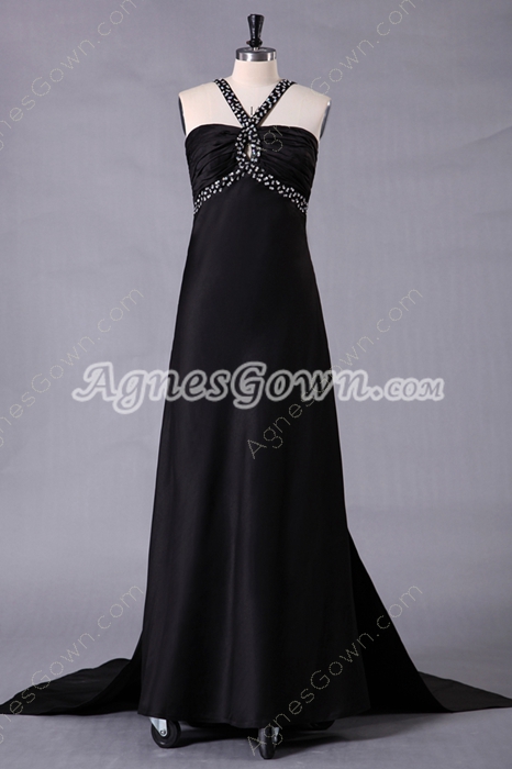 Crossed Straps Back A-line Full Length Black Prom Dress 