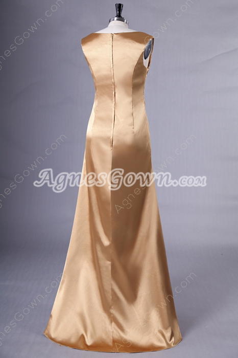 Deep V-Neckline Gold Satin Mother Of The Bride Dress 