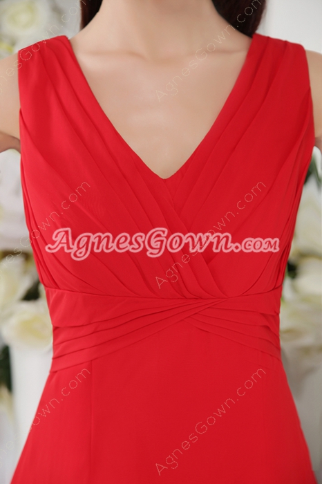 Inexpensive V-Neckline Red Chiffon Knee Length Bridesmaid Dress 