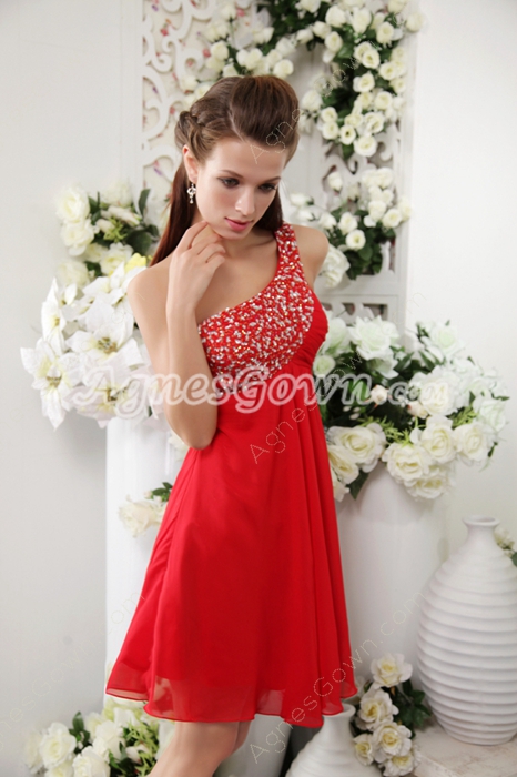 Mini Length One Shoulder Red Chiffon Homecoming Dress 