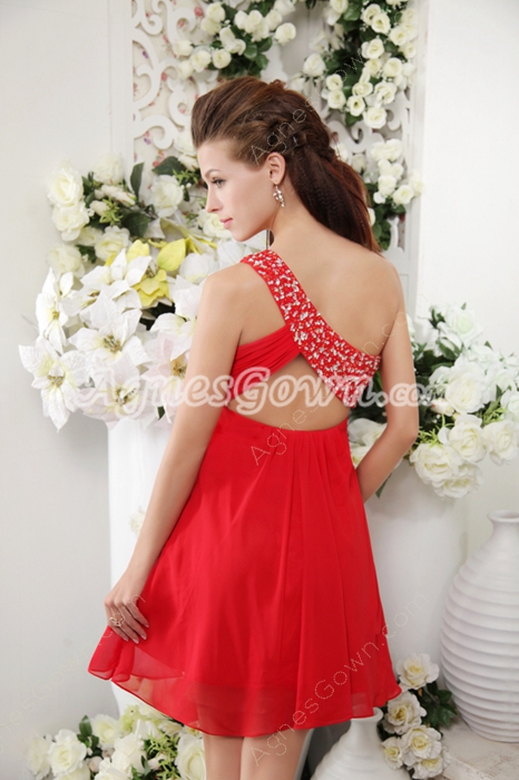 Mini Length One Shoulder Red Chiffon Homecoming Dress 