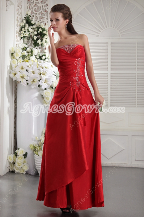Ankle Length Red Satin Prom Dress Corset Back 