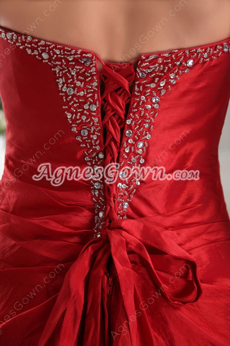 Ankle Length Red Satin Prom Dress Corset Back 