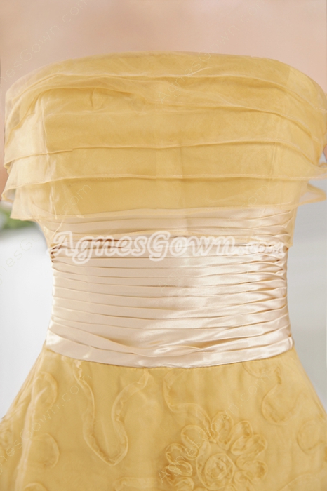 Strapless Column Full Length Gold Floral Prom Dress 
