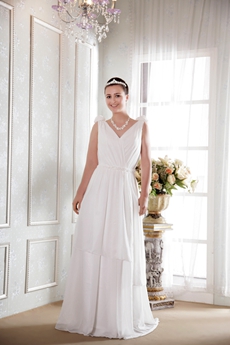 Delicate V-Neckline Column Full Length White Chiffon Beach Wedding Dress 