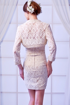 Sheath Mini Length Champagne Lace Wedding Guest Dress With Jacket