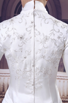 Graceful High Neckline Full Sleeves Embroidery Satin Wedding Dress For Muslim Brides 
