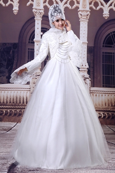 Beautiful White Tulle Princess Muslim Wedding Dress With Lace Bolero 