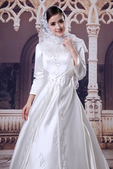 3/4 Sleeves Embroidery Satin Muslim Wedding Dress 